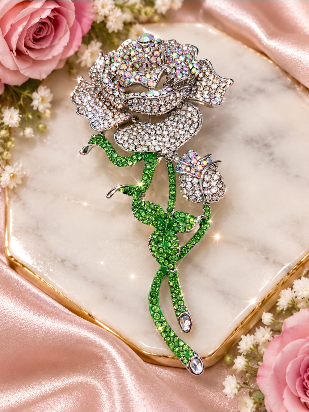 Crystal Rose Brooch Pin in Silver with Green Stem - Women Jewelry